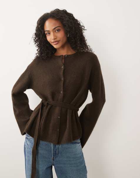 Gina Tricot wool alpaca knit tie cardigan in chocolate brown - view 1
