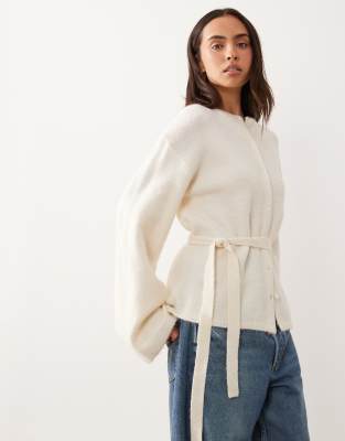 Gina Tricot Wool Alpaca Knit Tie Cardigan In Neutral