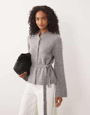 Gina Tricot Wool Alpaca Knit Tie Cardigan In Gray