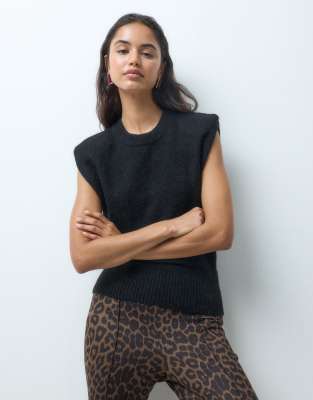 Gina Tricot Wool Alpaca Knitted Sleeveless Vest With Shoulder Pads In Black