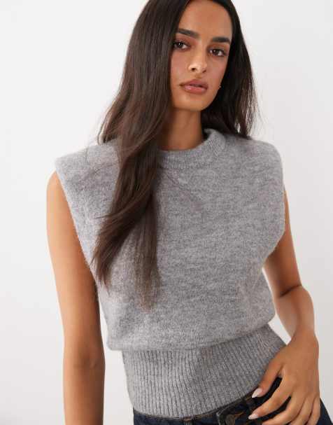 Gina Tricot wool alpaca knitted sleeveless vest with shoulder pads in mid grey melange - view 1
