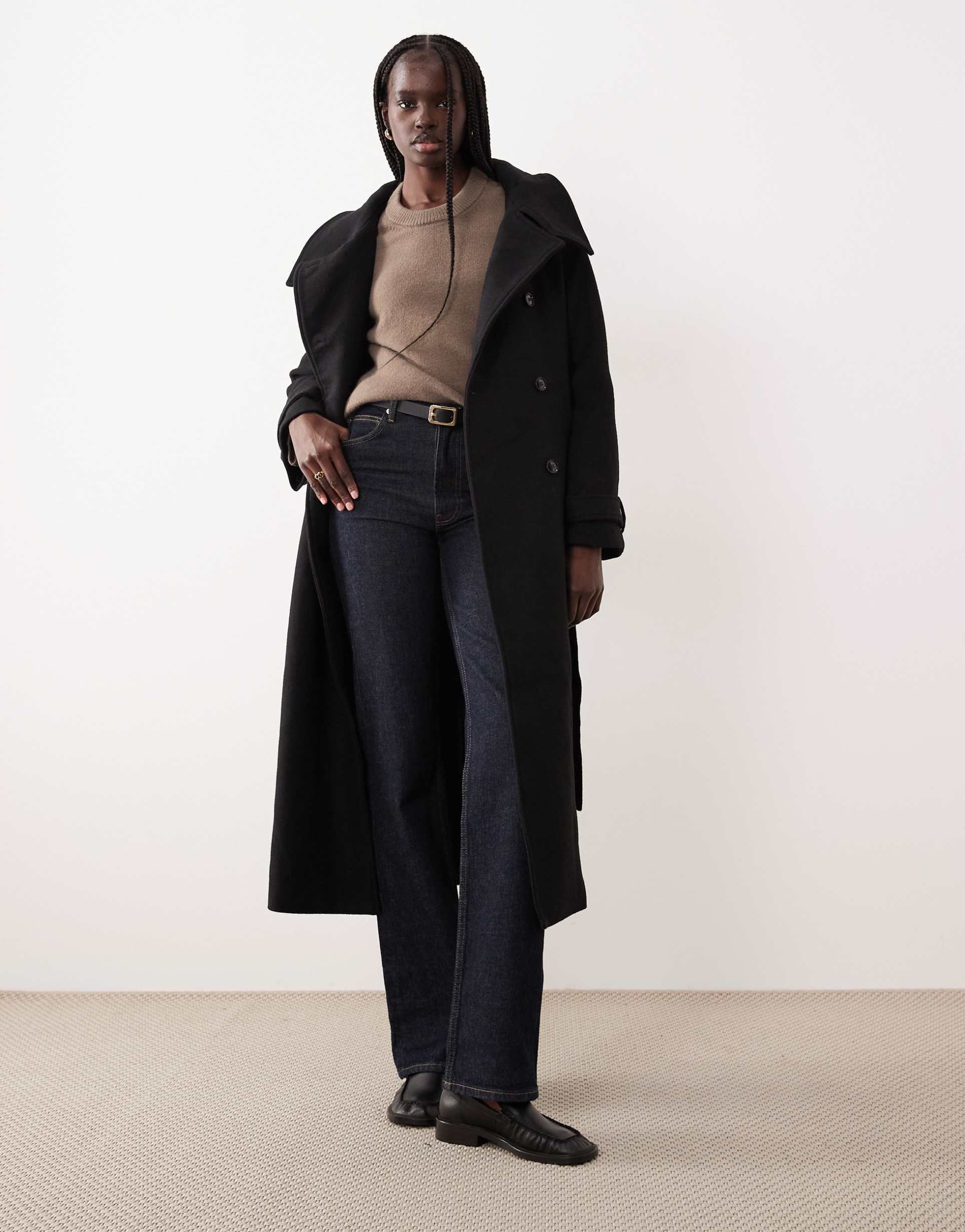 gina tricot wool belted midaxi coat with funnel neck detail in black