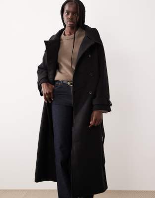 Gina Tricot Wool Belted Midaxi Coat With Funnel Neck Detail In Black