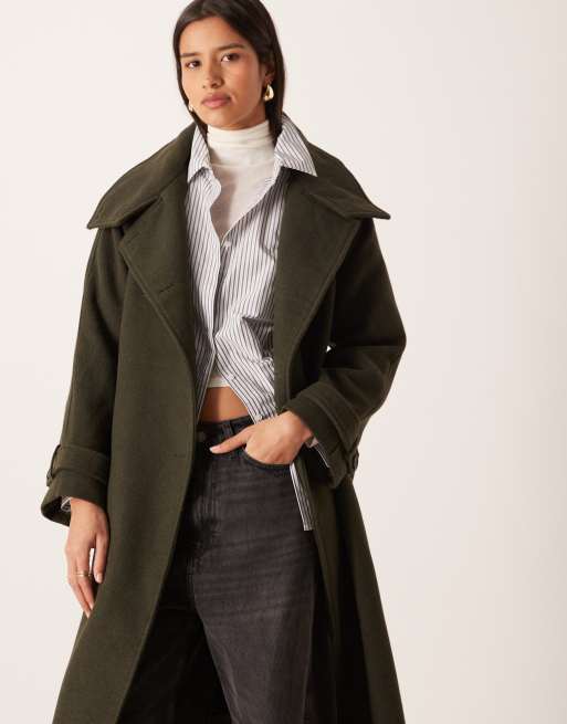 Gina Tricot wool belted midaxi coat with funnel neck detail in dark green