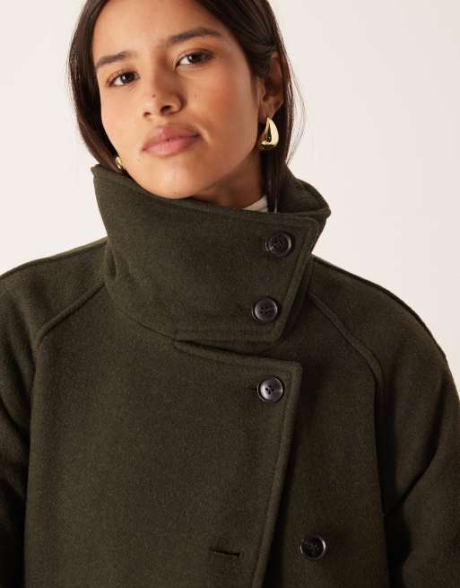 Gina Tricot wool belted midaxi coat with funnel neck detail in dark green