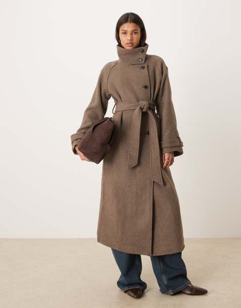 Gina Tricot wool belted midaxi coat with funnel neck detail in taupe gray - view 1