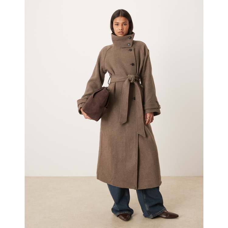Gina Tricot wool belted midaxi coat with funnel neck detail in