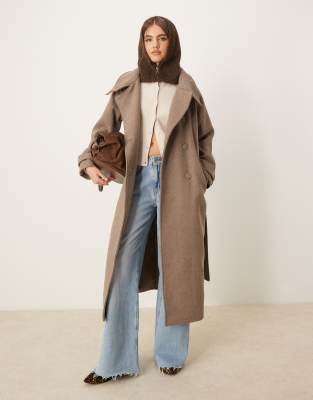 wool blend belted midaxi coat with funnel neck detail in beige-Neutral