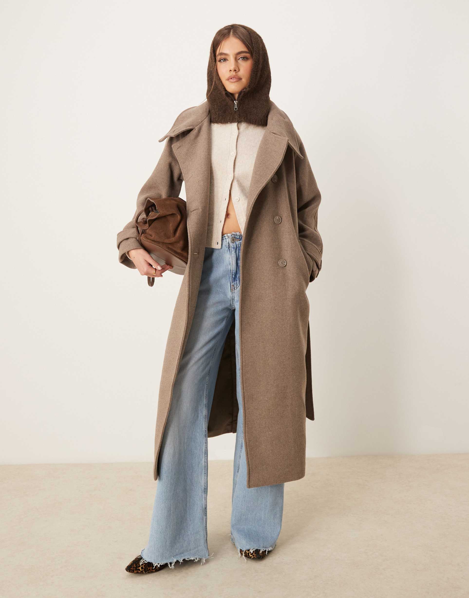 gina tricot wool blend belted midaxi coat with funnel neck detail in beige