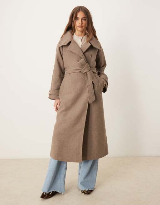 Gina Tricot wool blend belted midaxi coat with funnel neck detail in beige