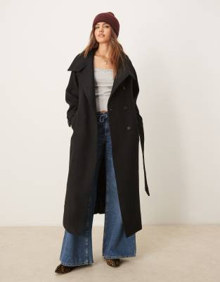 wool blend belted midaxi coat with funnel neck detail in black