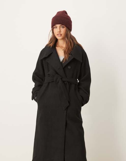 Gina Tricot wool blend belted midaxi coat with funnel neck detail in black