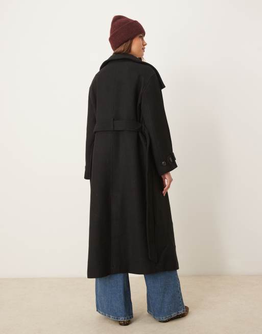 Gina Tricot wool blend belted midaxi coat with funnel neck detail in black