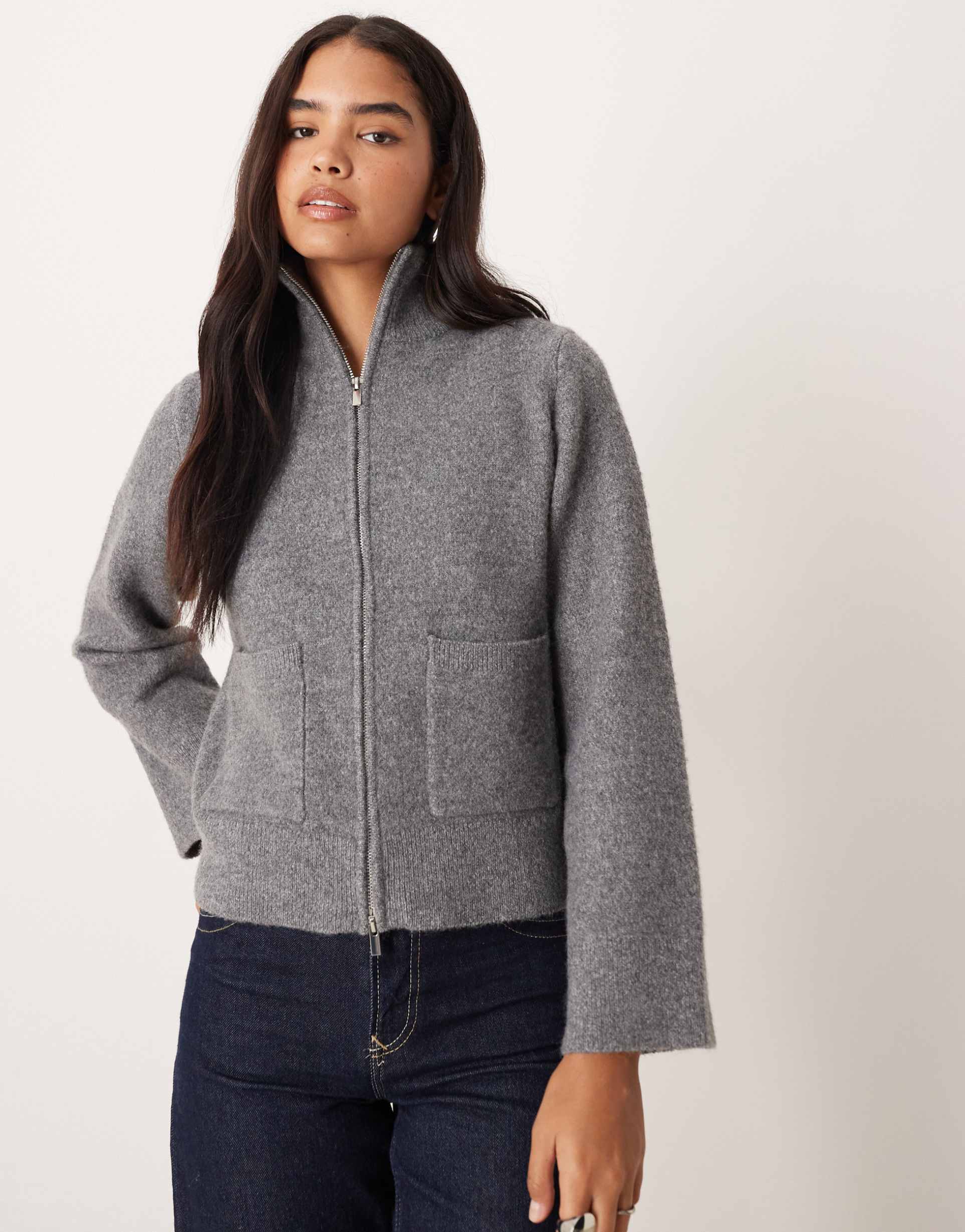gina tricot wool knit pocket cardigan in mid gray melange