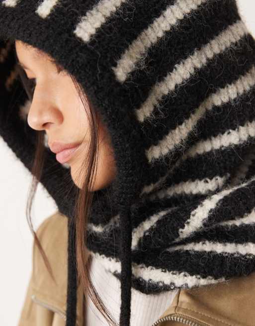 Gina Tricot wool knitted balaclava hood in black and white stripe , 2 of 3