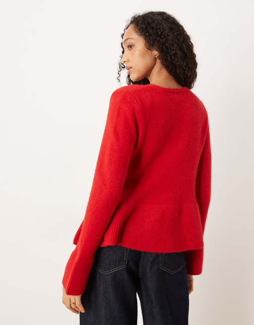 Gina Tricot wool knitted peplum cardigan top in red, 3 of 4