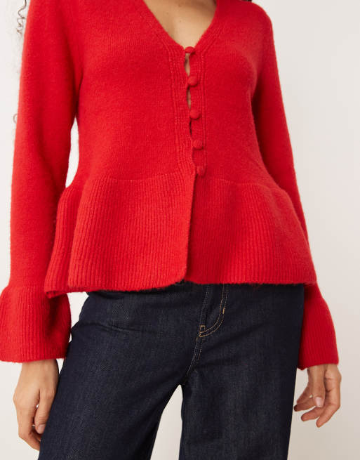 Gina Tricot wool knitted peplum cardigan top in red, 4 of 4