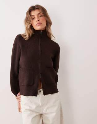 Gina Tricot Wool Knitted Pocked Cardigan In Brown