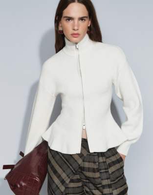 Gina Tricot Wool Shaped Knit Zip Up Cardigan In White