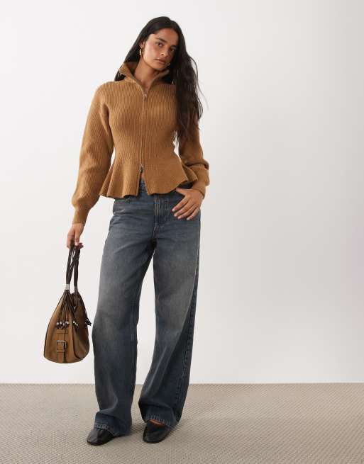 Gina Tricot wool shaped knitted zip through cardigan in brown, 3 of 4