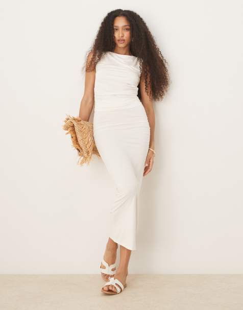 Gina Tricot - Zachte jersey maxi rok met gerimpelde zijkant in crème - view 1