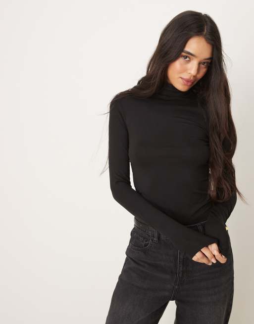 Gina Tricot - Zachte jersey top met lange mouwen en hoge hals in zwart