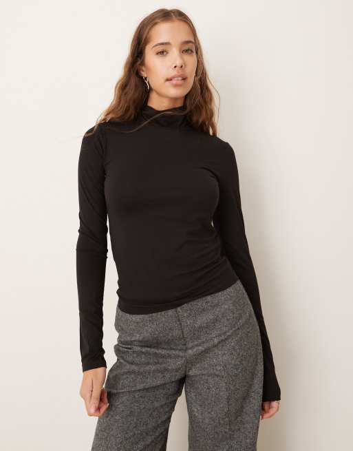 Gina Tricot - Zachte jersey top met lange mouwen en hoge hals in zwart