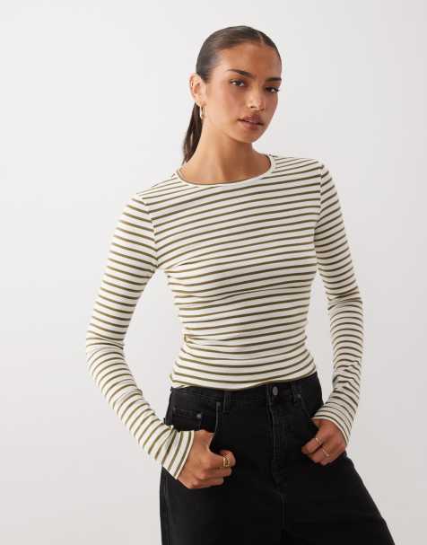 Gina Tricot zachte top met lange mouwen in wit en groene strepen - view 1