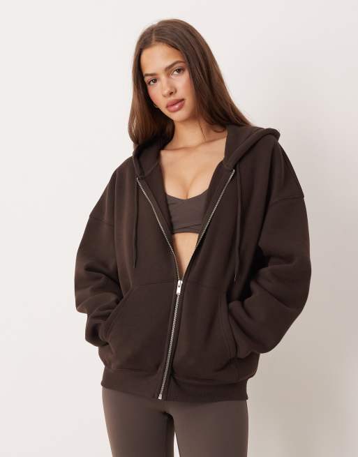 Gina Tricot – Zapinana na zamek ciemnobrązowa bluza z kapturem z mieszanki bawełny