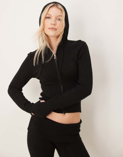 Gina Tricot – Zapinany na suwak czarny kardigan z kapturem i szerokim prążkowanym dołem, część zestawu