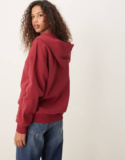 Gina Tricot zip through oversized hoodie in burgundy, 2 of 4