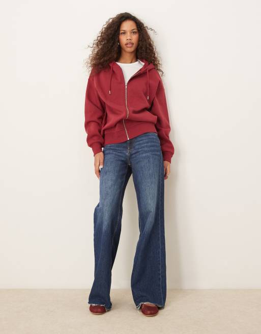 Gina Tricot zip through oversized hoodie in burgundy, 3 of 4