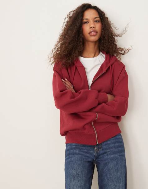 GINA TRICOT zip up oversized hoodie in burgundy - view 1