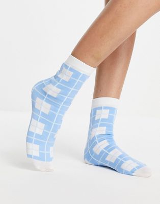 Gipsy check print ankle sock in baby blue