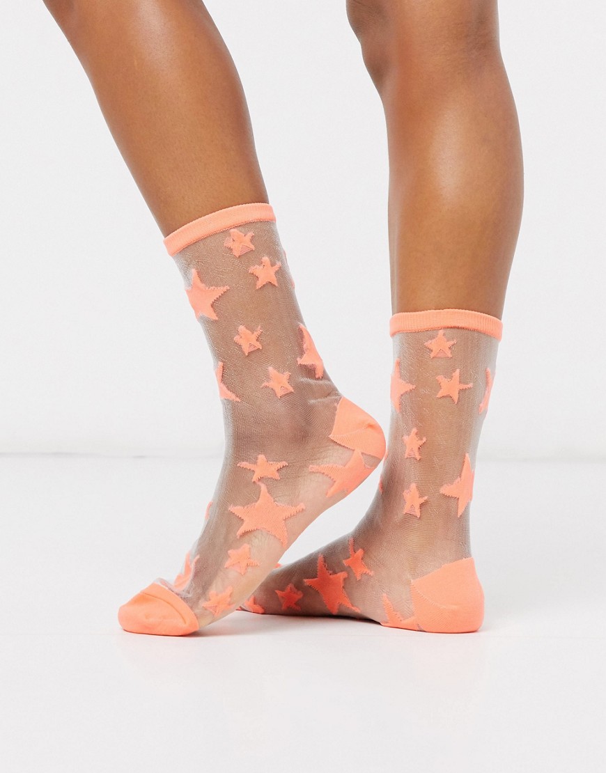 Gipsy - Doorschijnende mesh sokken met sterren in meloenkleur-Oranje
