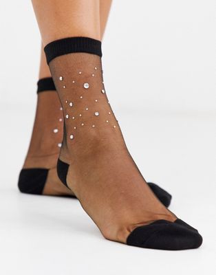 Gipsy - Enkelhoge doorschijnende mesh sokken met juwelen in zwart en multi