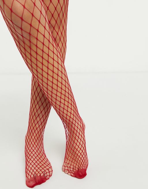 ASOS Stirrup Fishnet Tights In Red