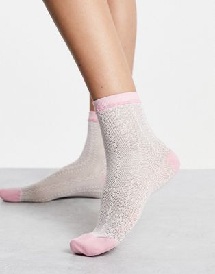 Gipsy sheer lace ankle sock with contrast in white and pink