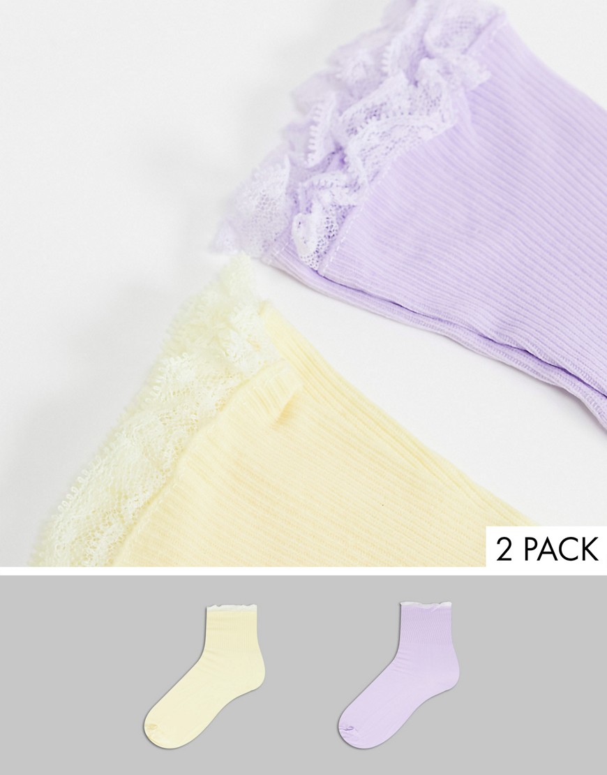 Gipsy x2 pack frill ankle sock in lemon and lilac-Multi