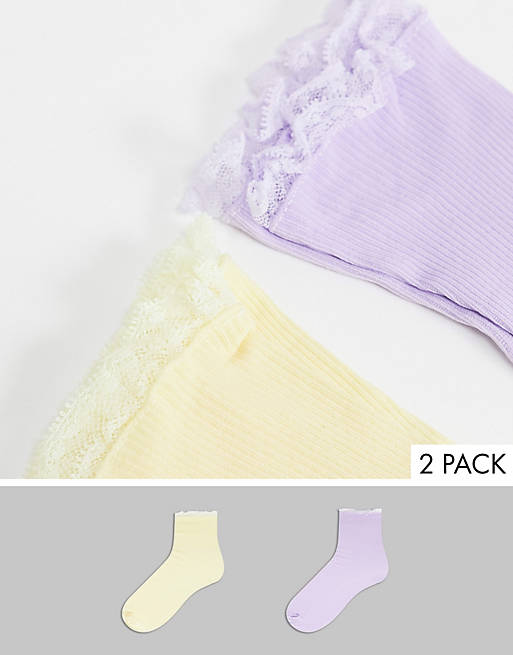 Gipsy x2 pack frill ankle sock in lemon and lilac