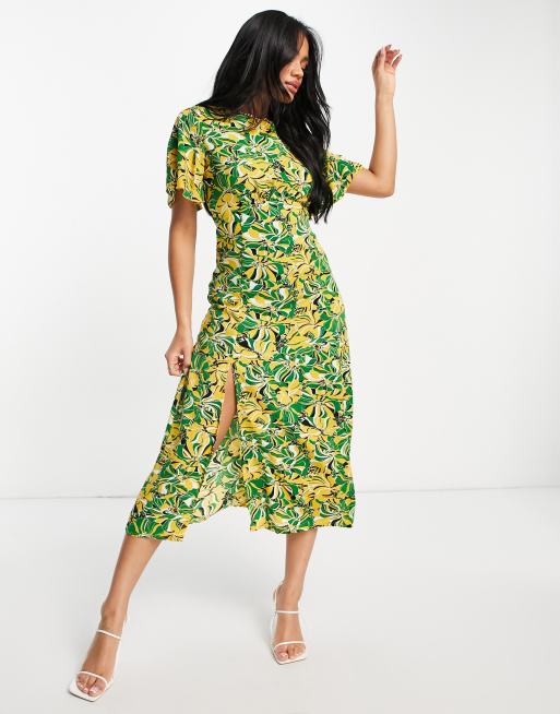 Girl In Mind angel sleeve slit leg midi dress in yellow and green swirl