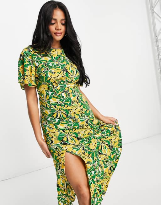 Girl In Mind angel sleeve slit leg midi dress in yellow and green