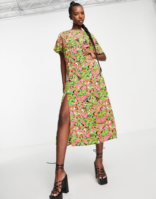 Girl In Mind angel sleeve split leg midi dress pink and green swirls