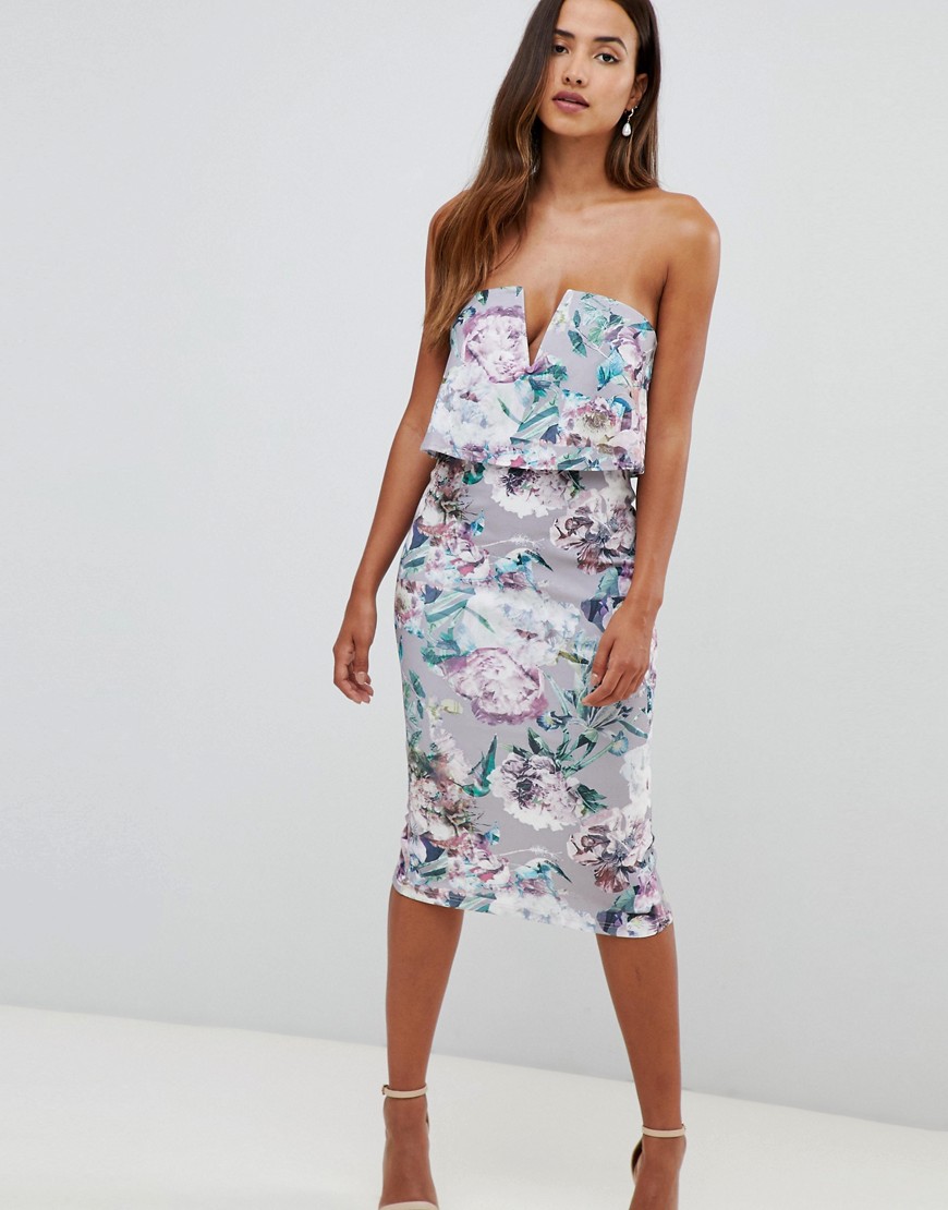 Girl in Mind – Blommig bandeau-klänning i midilängd med v-detalj-Flerfärgad