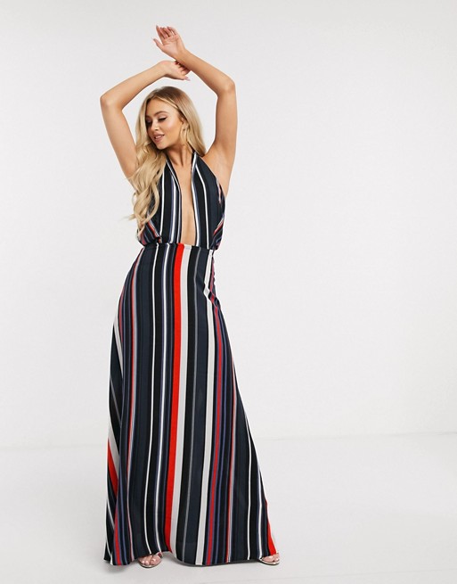 Girl In Mind cross front halterneck maxi dress in abstract stripe print