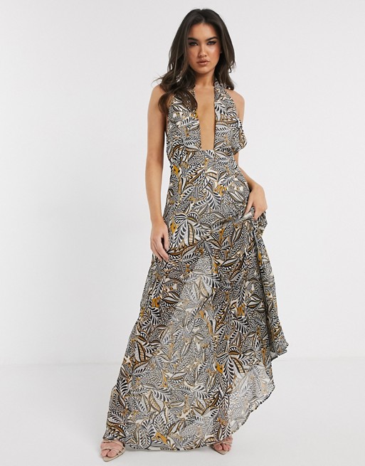 Girl In Mind cross front halterneck maxi dress in yellow print