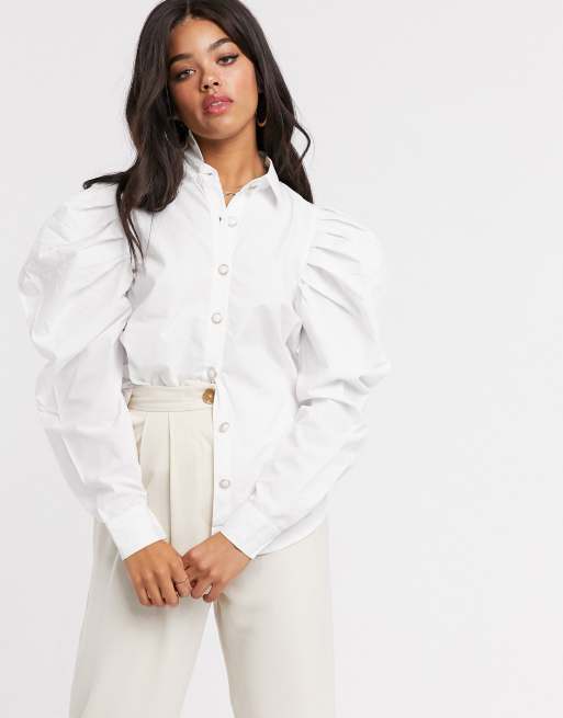 White puff sleeve 2025 button up shirt