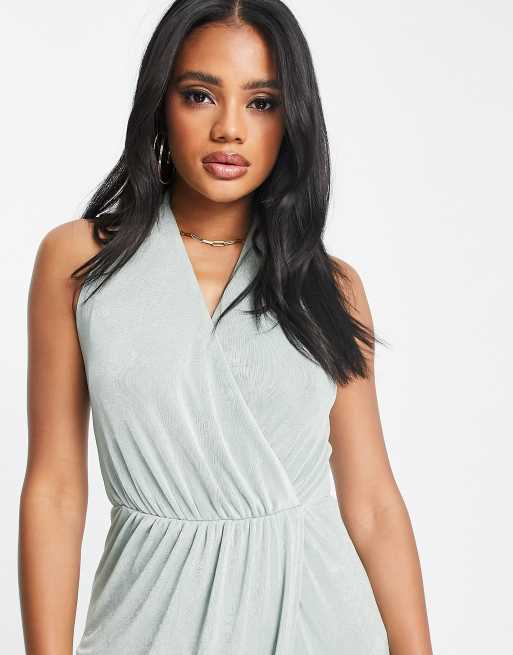 Girl In Mind halterneck maxi dress with wrap skirt in sage green