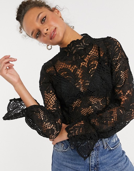 Girl In Mind high neck all over lace sheer crop top in black