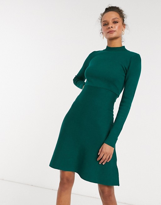 Girl In Mind high neck knitted skater dress in emerald green